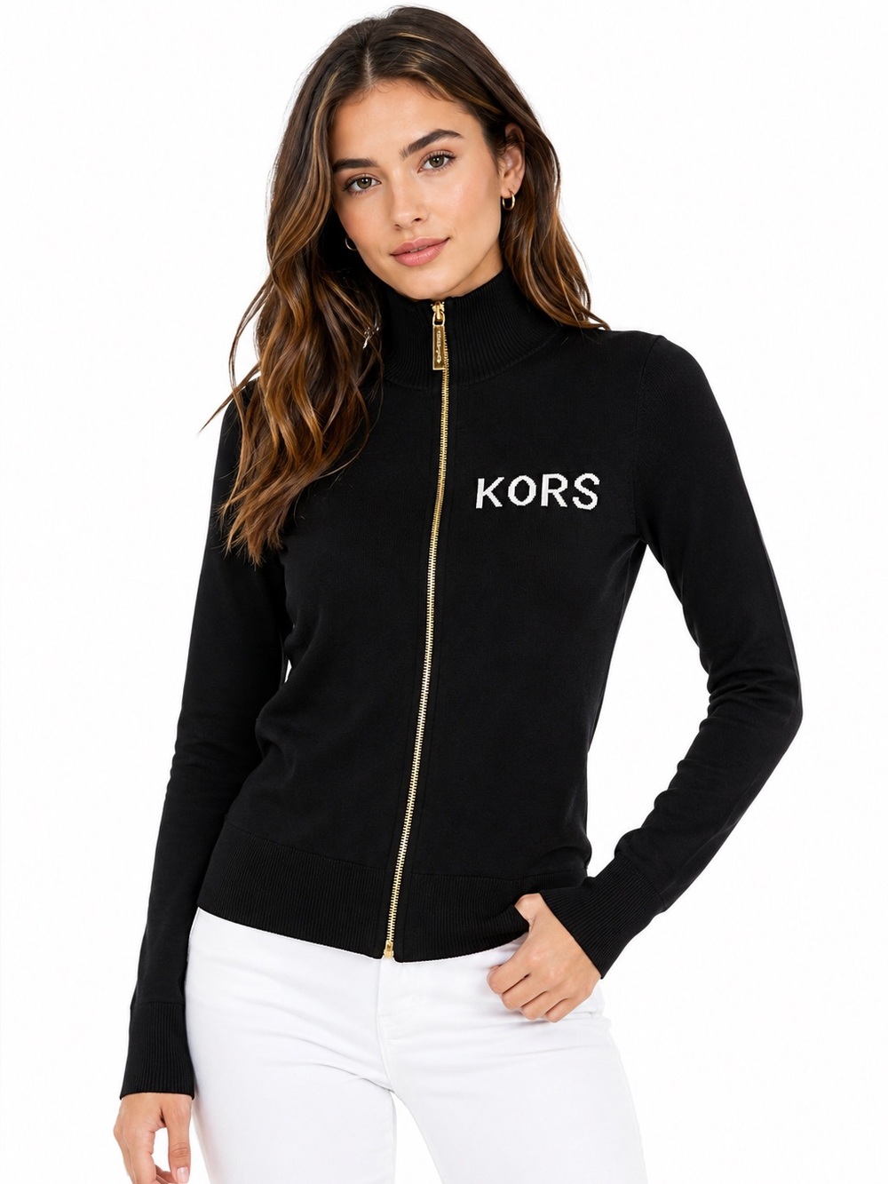 MICHAEL KORS NWT Black Gold Logo Zip Sweater Jacket XXS $175